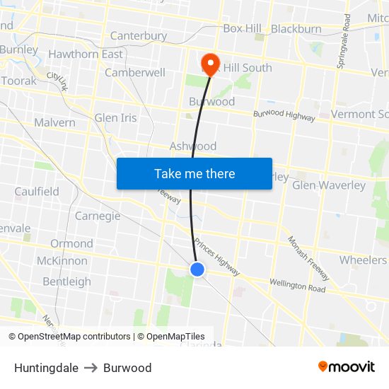 Huntingdale to Burwood map