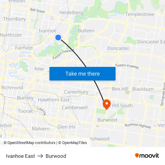 Ivanhoe East to Burwood map