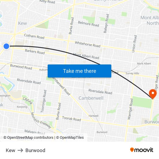 Kew to Burwood map