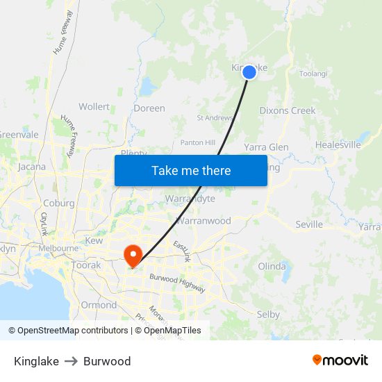 Kinglake to Burwood map