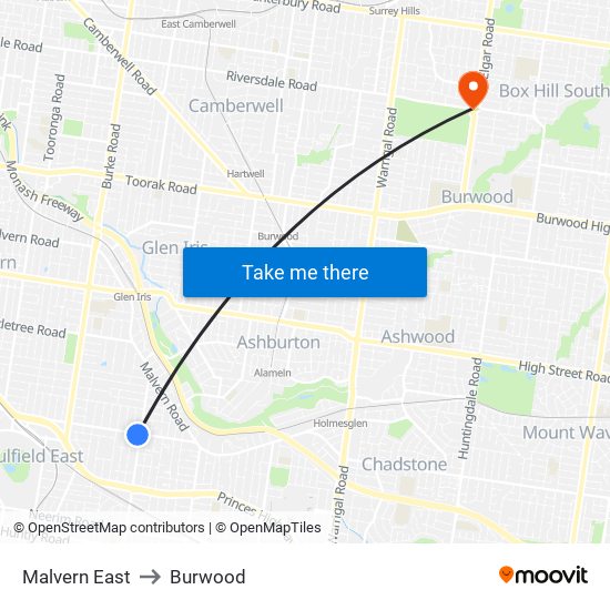 Malvern East to Burwood map