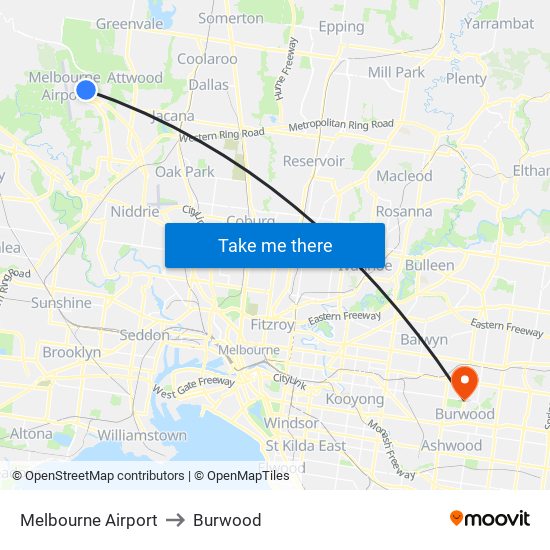 Melbourne Airport to Burwood map