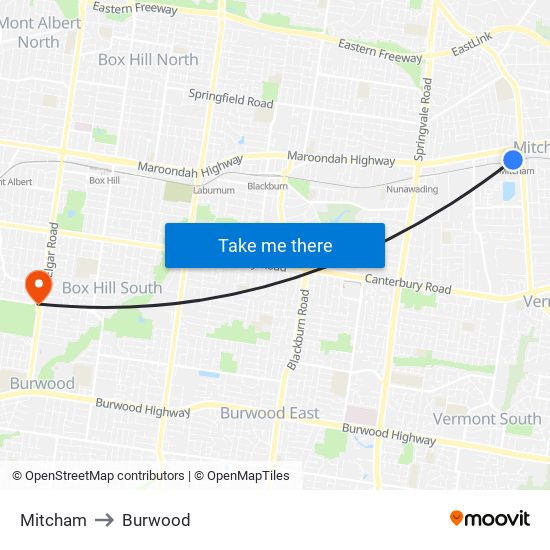 Mitcham to Burwood map