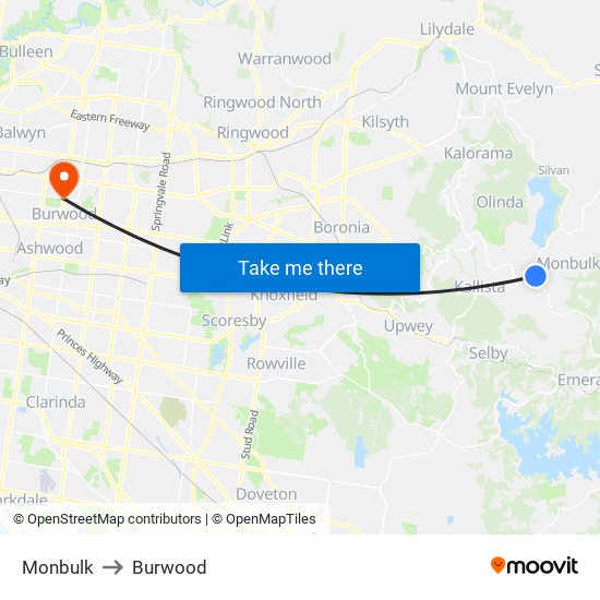 Monbulk to Burwood map