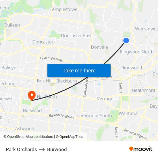 Park Orchards to Burwood map