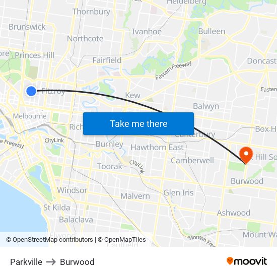Parkville to Burwood map