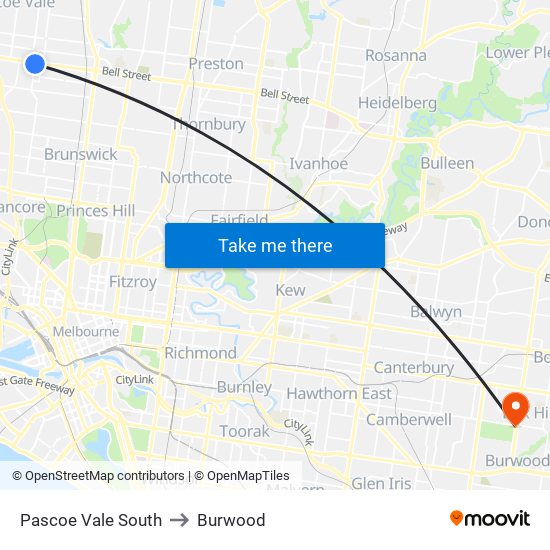 Pascoe Vale South to Burwood map