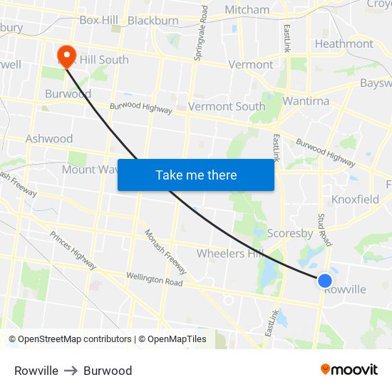 Rowville to Burwood map