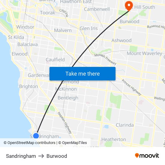 Sandringham to Burwood map