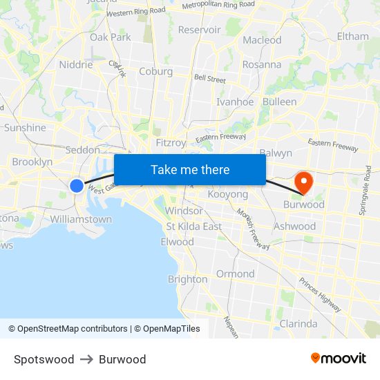 Spotswood to Burwood map