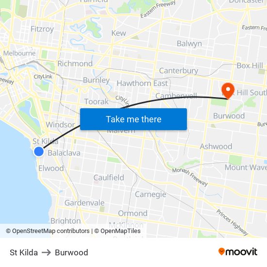 St Kilda to Burwood map