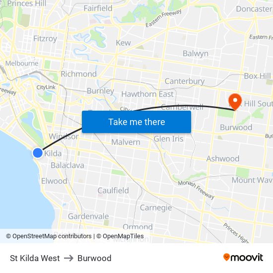 St Kilda West to Burwood map