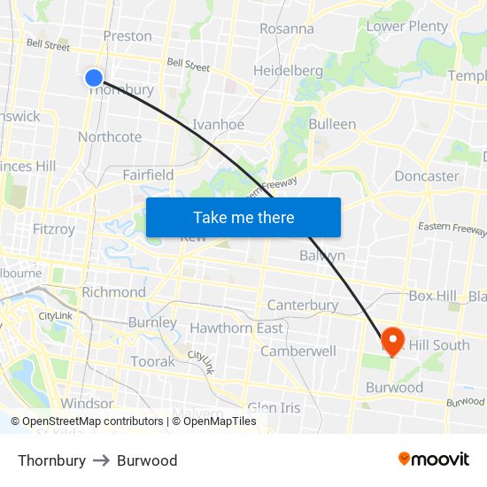 Thornbury to Burwood map