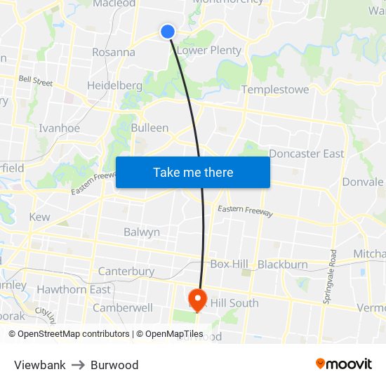 Viewbank to Burwood map