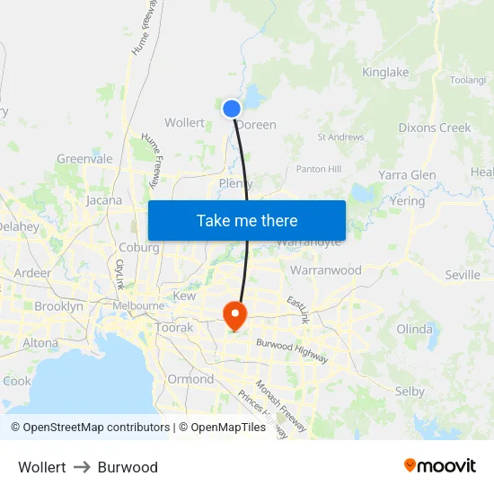 Wollert to Burwood map