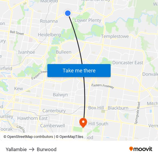 Yallambie to Burwood map