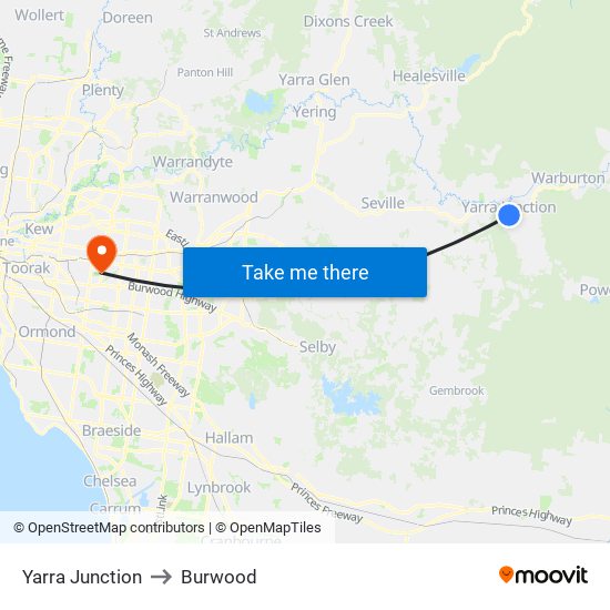 Yarra Junction to Burwood map