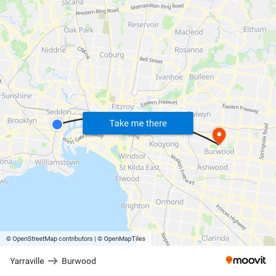 Yarraville to Burwood map
