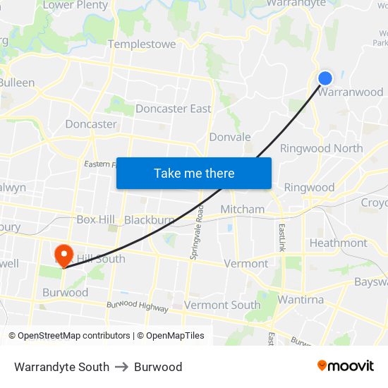 Warrandyte South to Burwood map