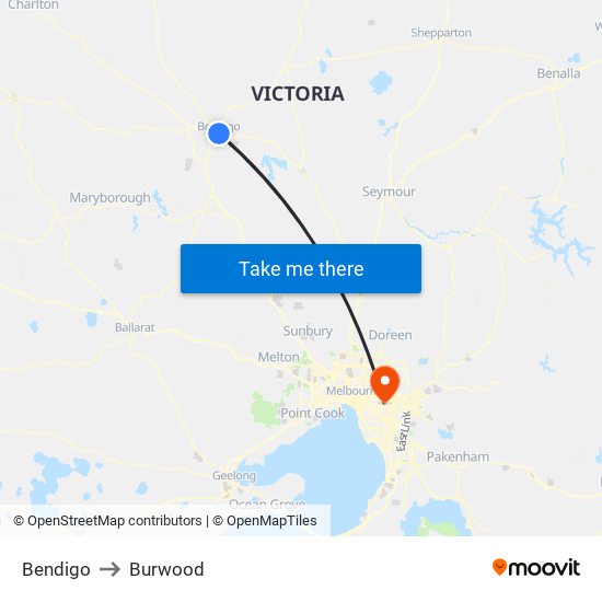 Bendigo to Burwood map