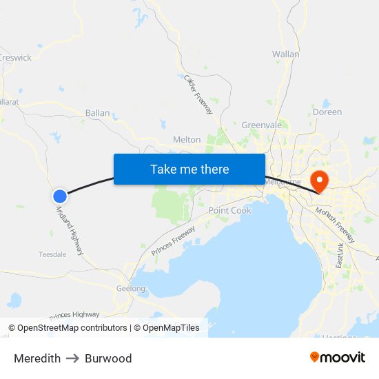 Meredith to Burwood map