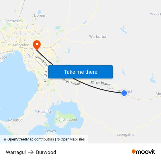 Warragul to Burwood map