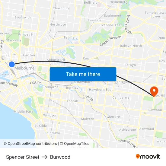 Spencer Street to Burwood map