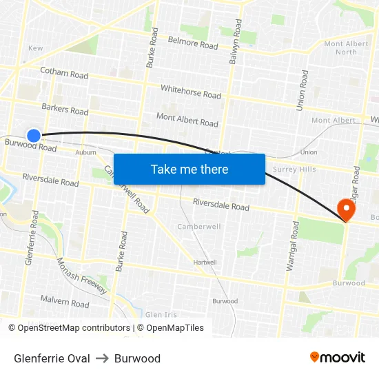 Glenferrie Oval to Burwood map