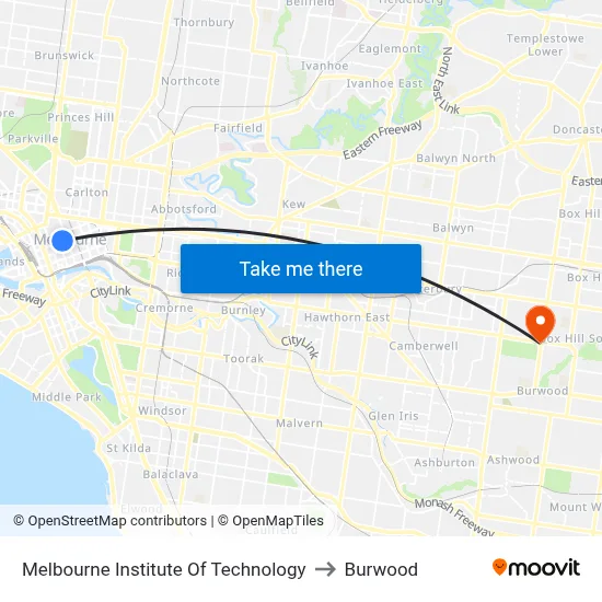 Melbourne Institute Of Technology to Burwood map