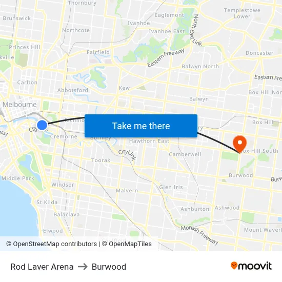 Rod Laver Arena to Burwood map