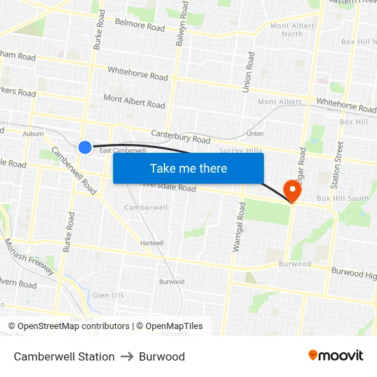 Camberwell Station to Burwood map