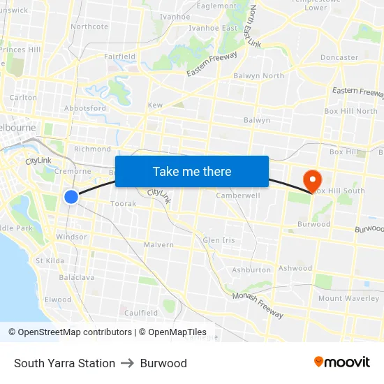 South Yarra Station to Burwood map