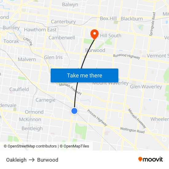 Oakleigh to Burwood map