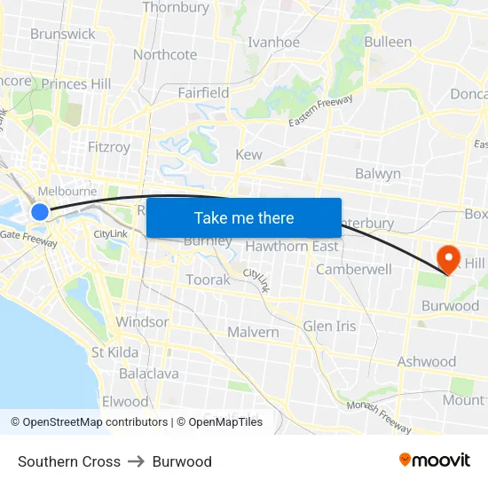 Southern Cross to Burwood map