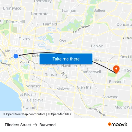 Flinders Street to Burwood map
