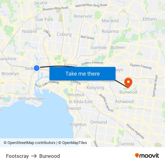 Footscray to Burwood map