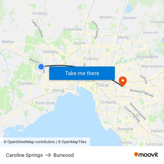 Caroline Springs to Burwood map