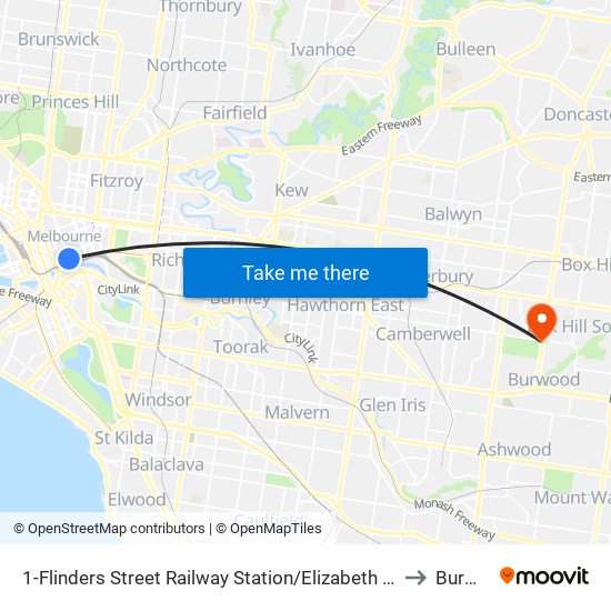 1-Flinders Street Railway Station/Elizabeth St (Melbourne City) to Burwood map