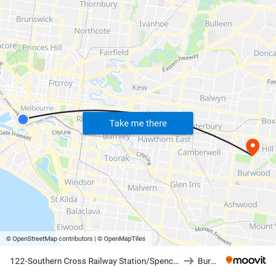 122-Southern Cross Railway Station/Spencer St (Melbourne City) to Burwood map