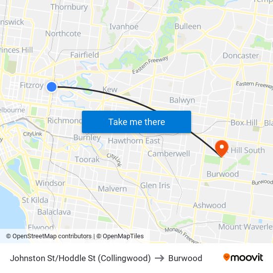 Johnston St/Hoddle St (Collingwood) to Burwood map