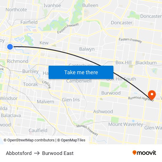 Abbotsford to Burwood East map