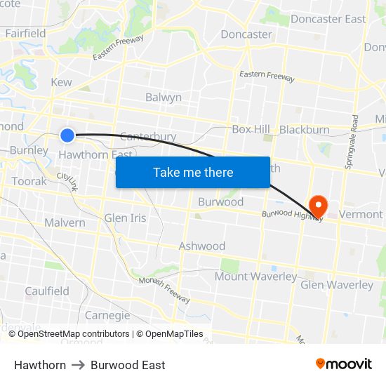 Hawthorn to Burwood East map