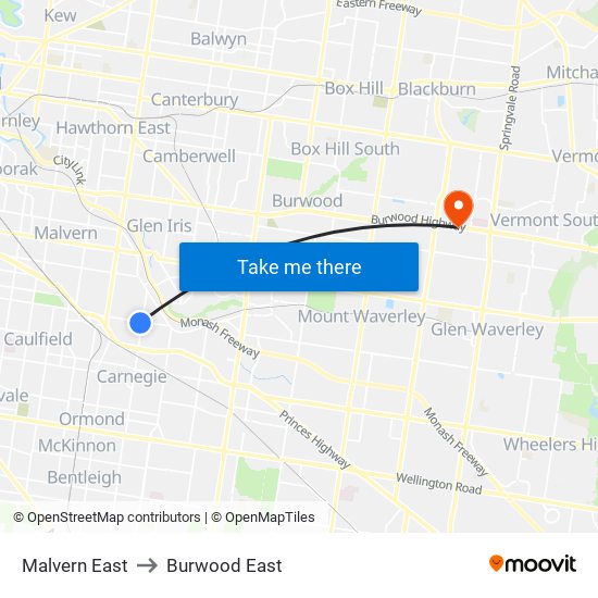 Malvern East to Burwood East map