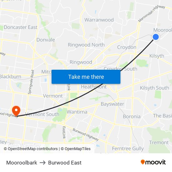 Mooroolbark to Burwood East map