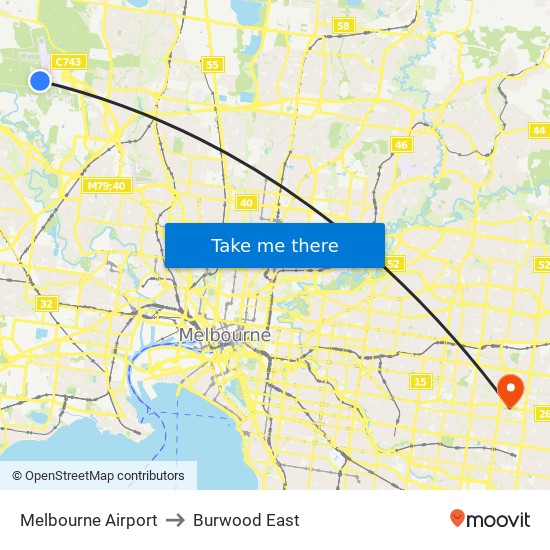 Melbourne Airport to Burwood East map