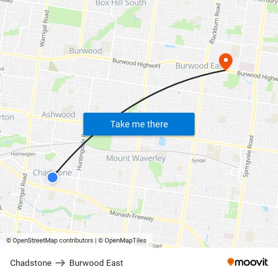 Chadstone to Burwood East map