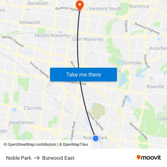 Noble Park to Burwood East map