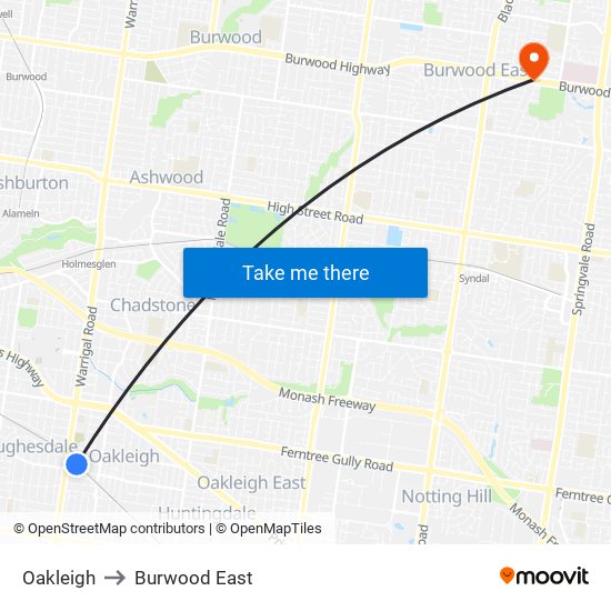 Oakleigh to Burwood East map