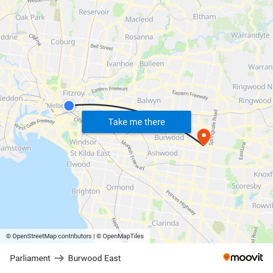 Parliament to Burwood East map