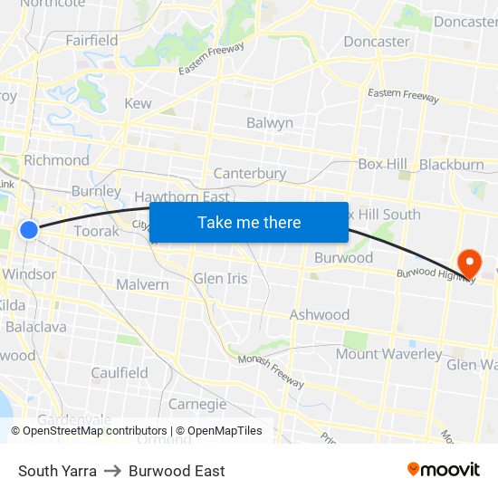 South Yarra to Burwood East map